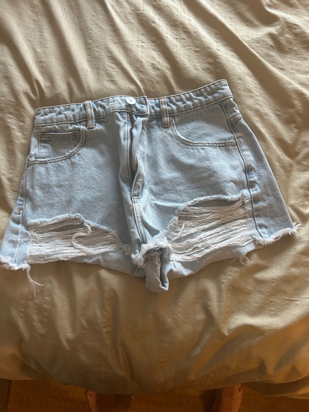 Abrand Light Blue Distressed High-Rise Denim Shorts